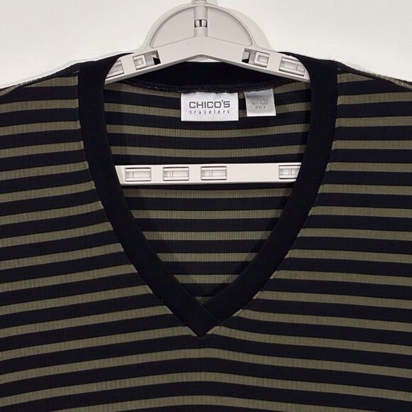 Chicos Travelers Slinky Striped Top V-Neck Knit Long Slv Black Green Size 3 XL - Picture 2 of 8